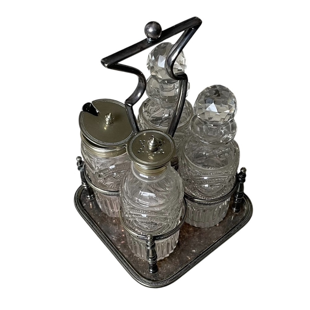 ANTIQUE Vintage Daniel & Arter EPNS Silver Plated Cruet Set 4 Crystal Bottles